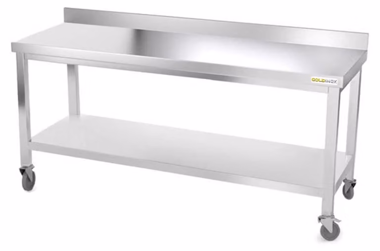 Tavolo da lavoro in acciaio inossidabile, dimensioni 2000 x 500 mm, montato su rotelle, modello PREMIUM - GOLDINOX