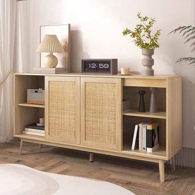 Buffet - Xylo - 155??38??80 cm - 3 Porte Ratan?? Scorrevoli 2 Cassetti