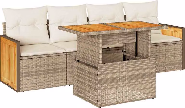 Set Divano da Giardino 5 pz con Cuscini Beige Polyrattan Acacia
