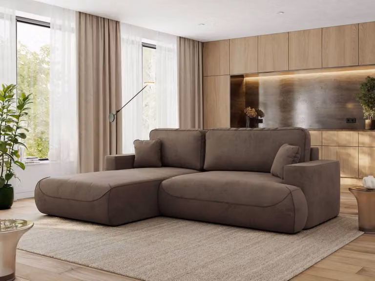 MKS MEBLE divano angolare OVO con funzione letto e box letto, velluto marrone, divano a L, divano angolare a 4 posti, 271x195x95 cm - lato sinistro