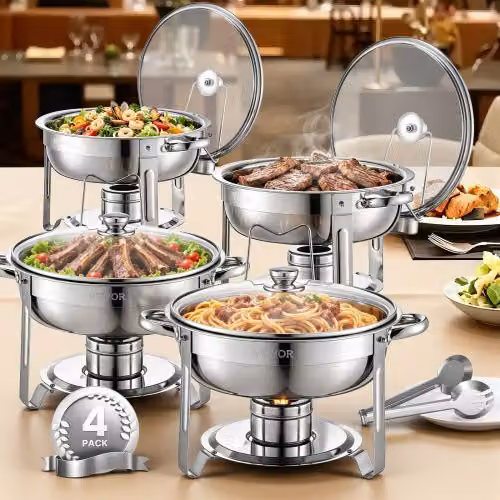 Set Scaldavivande a Buffet VEVOR in Acciaio Inox Argento con 4 Padelle e Coperchio in Vetro, Capacità 4,7 L