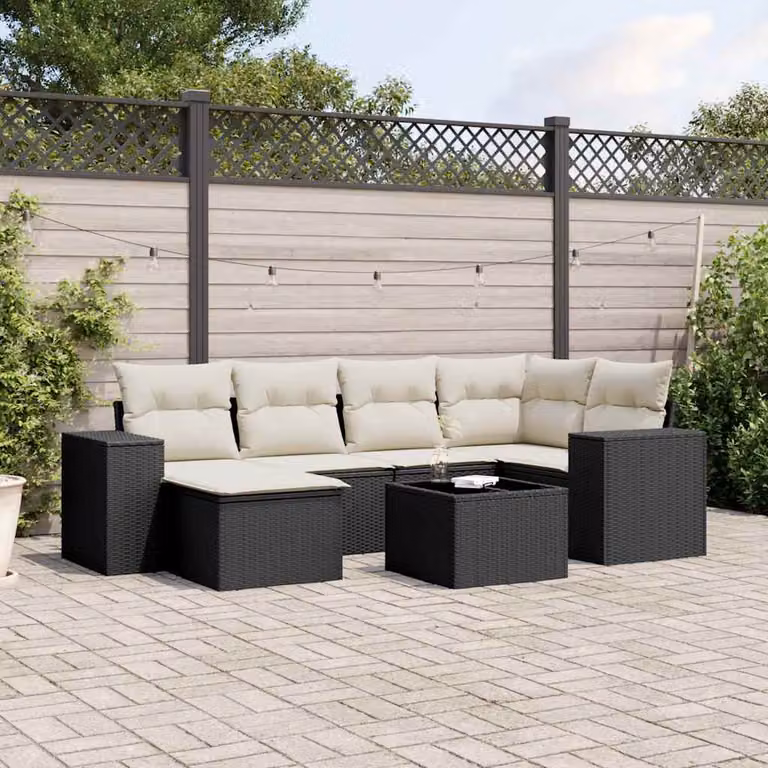 Set Divano da Giardino a L vidaXL con 7 Pezzi, Tavolino e Cuscini, Nero e Bianco