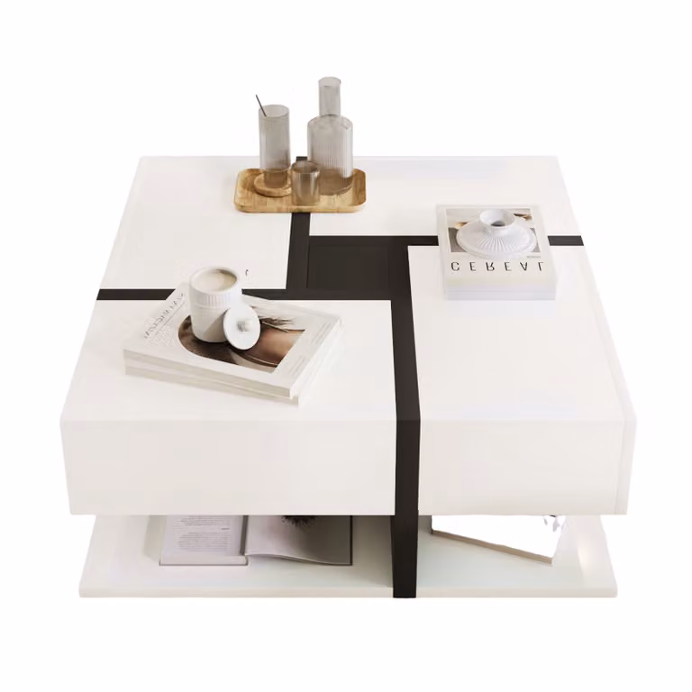 Tavolino AIORBER con 4 cassetti, tavolino con spazio di archiviazione, tavolino quadrato per soggiorno, in truciolato, 78x78x36 cm, bianco