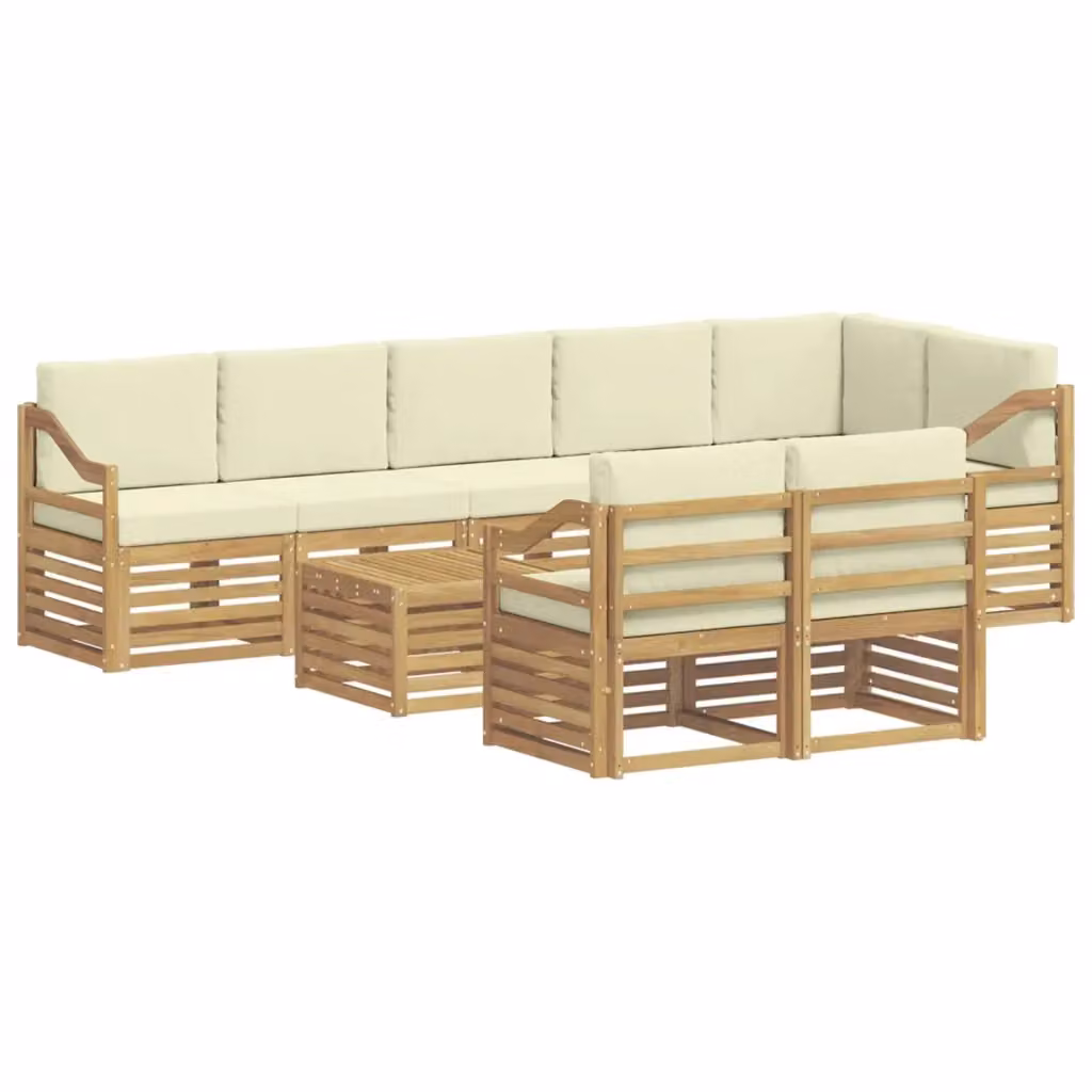 Set di divani da esterno a L vidaXL in legno di acacia con tavolo da caffè e cuscini, Bianco e Beige – 2