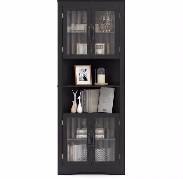 Mobile buffet triangolare salvaspazio in vetro temperato per cucina, Armadio angolare alto 171cm Nero