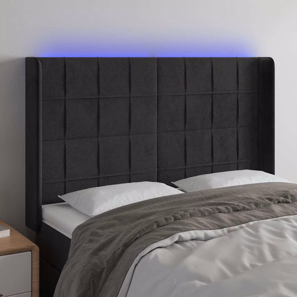 Testiera per letto vidaXL in velluto nero con illuminazione LED e porta di ricarica USB, L: 147 cm, P: 16 cm, H: 118/128 cm