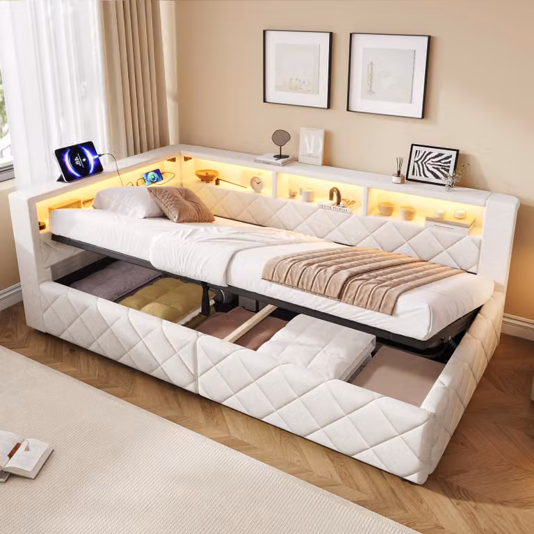 Divano letto Flieks 90x200 cm con porta USB e rivestimento in ecopelle, letto imbottito singolo con spazio contenitore, divano letto giornaliero con sistema idraulico e vani a giorno, colore: lino, beige