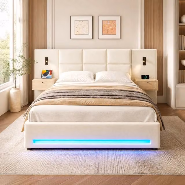 Letto imbottito 180x200 cm con testiera a cassetti; contenitore idraulico; LED; USB-C e velluto beige