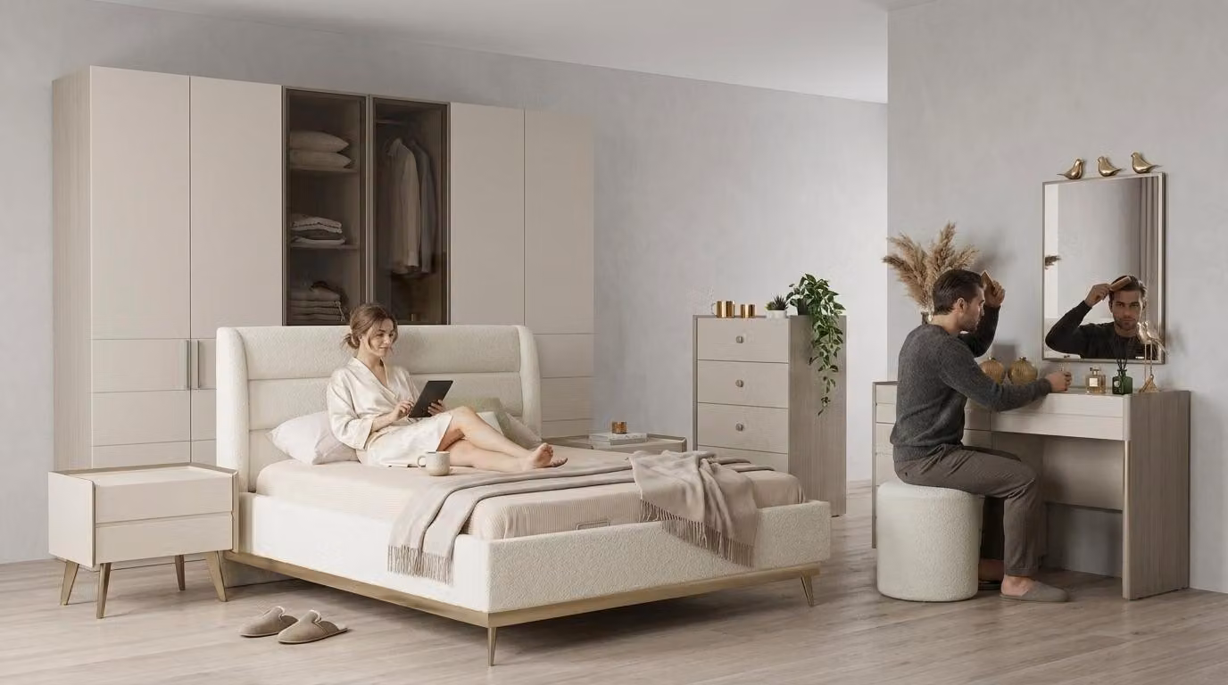 Set per camera da letto beige, moderno e composto da letto, comò da trucco e armadio
