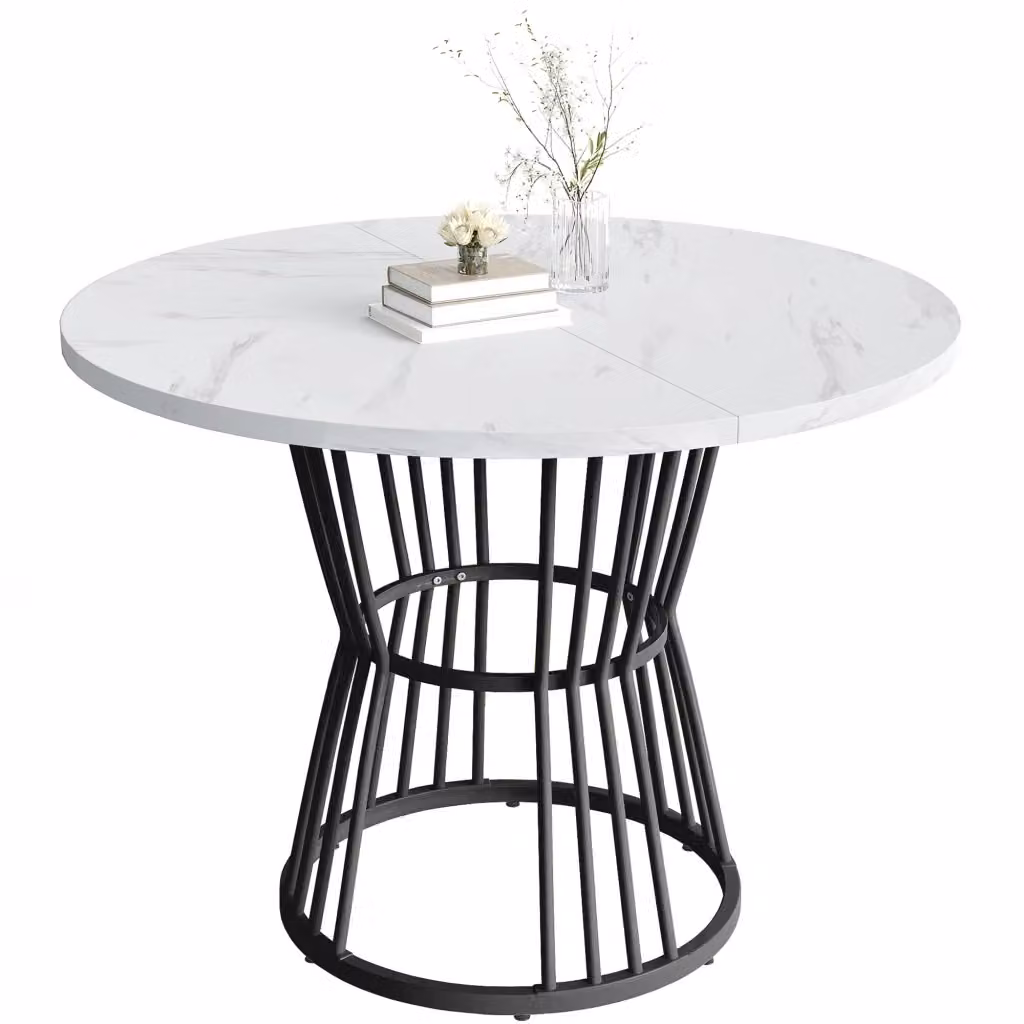 Tavolo da Pranzo Rotondo Minimal con Piano Effetto Marmo Bianco e Telaio in Metallo Nero, Diametro: 100 cm, Altezza: 75 cm – 2
