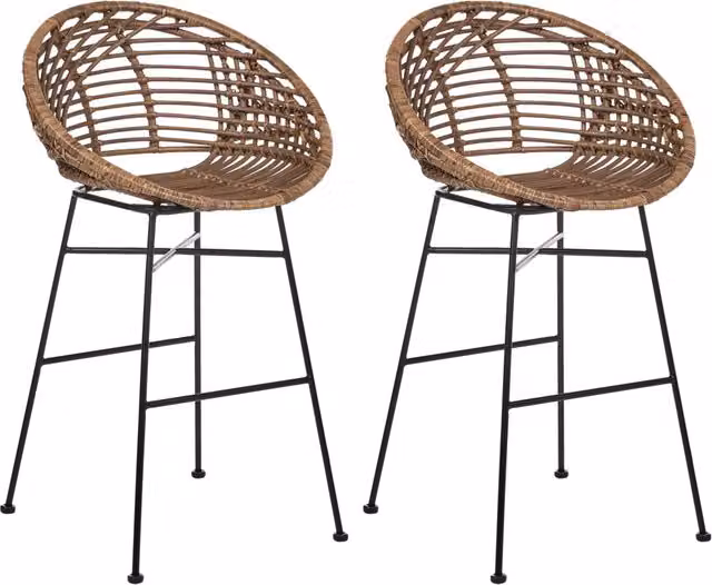 Set di 2 sedie da bar in rattan marrone con struttura in ferro, stile industriale e boho, per interni