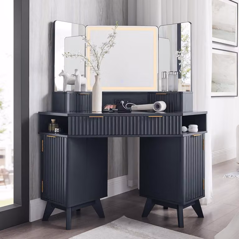 Tavolino da trucco angolare, 122 cm, con specchio a 3 posizioni, illuminazione, piano in vetro, 3 cassetti, base di ricarica, colore grigio scuro