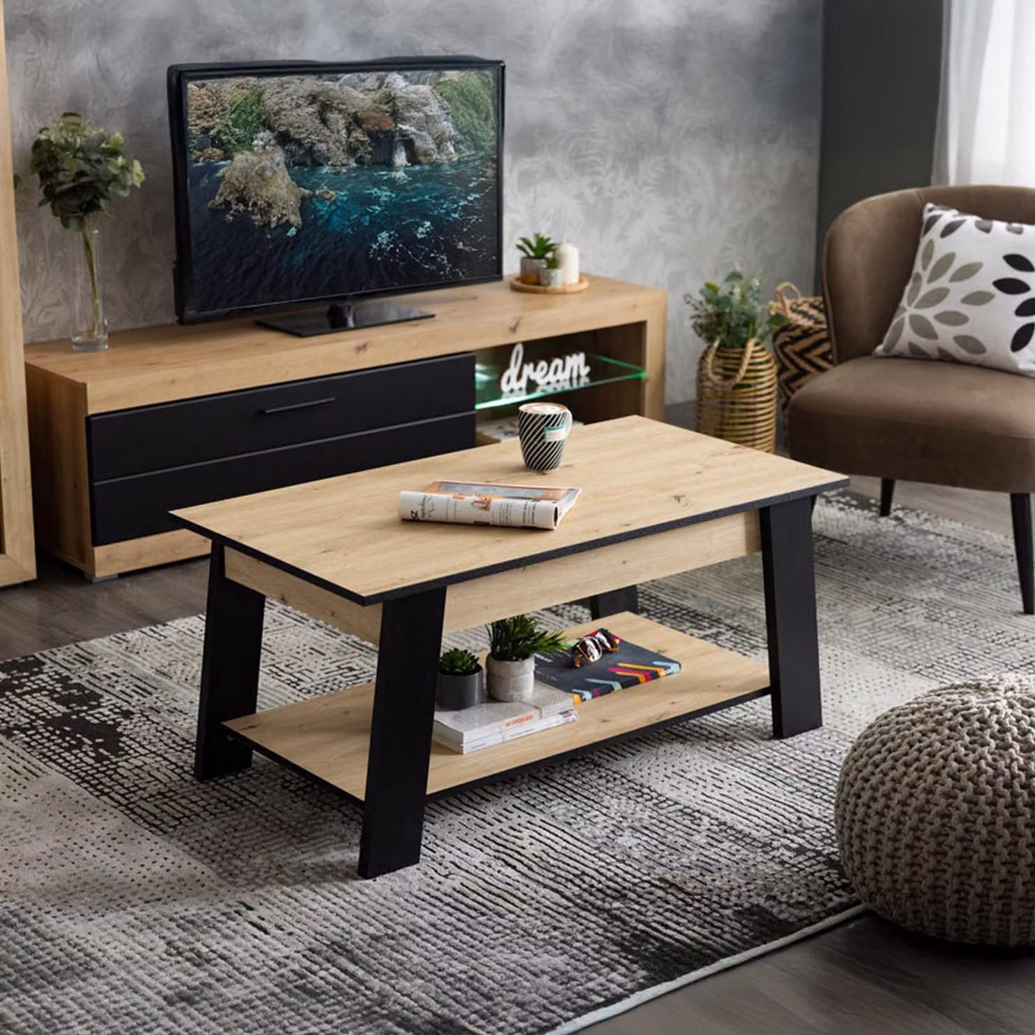 Dmora Tavolino da Salotto Casaglia 101x55x47h cm Marrone Rovere Nodi, un Vano Forma Rettangolare