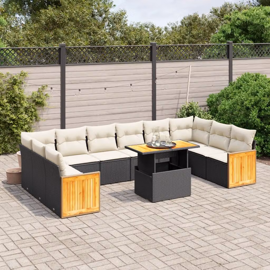 vidaXL Set Divani da Giardino 11 pz in Polyrattan Nero con Cuscini e Tavolino da Esterno – 1