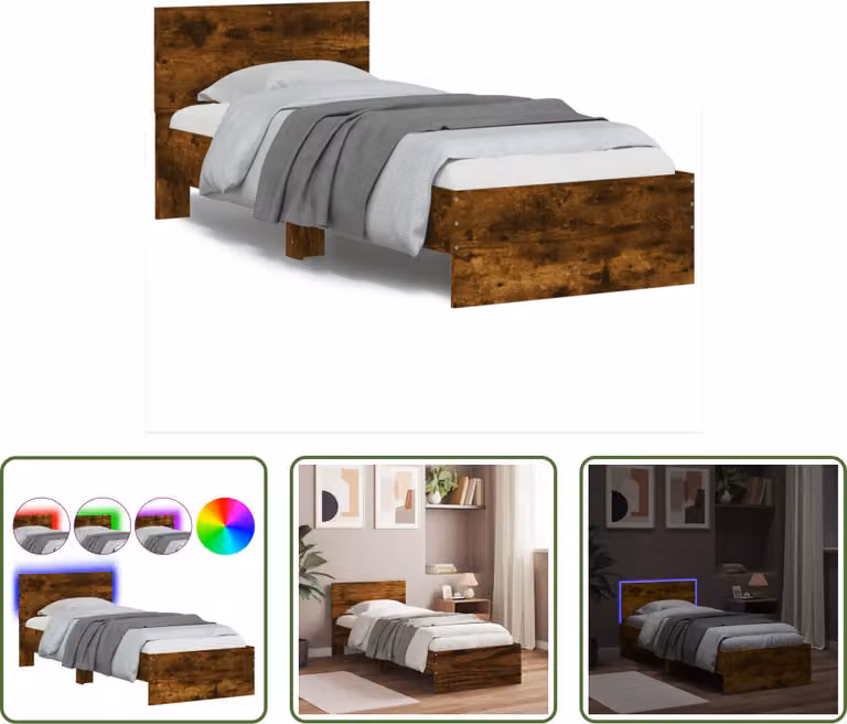 The Living Store Struttura letto con testiera e luci LED rovere fumé 90x200cm