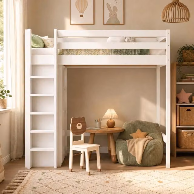 Letto a Soppalco Singolo per Bambini Bianco con Armadio e Scaffali L/P/H: 200 x 90 x 186 cm