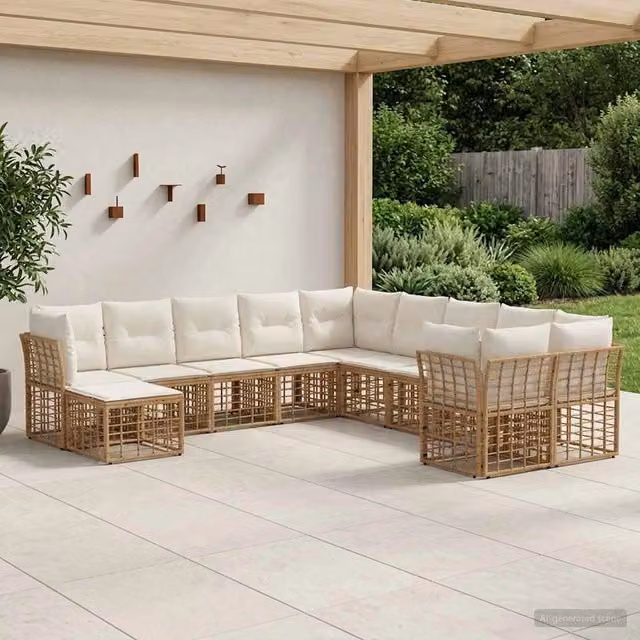 Set di divani da esterno 11 pz Naturale e Bianco Crema 3437626
