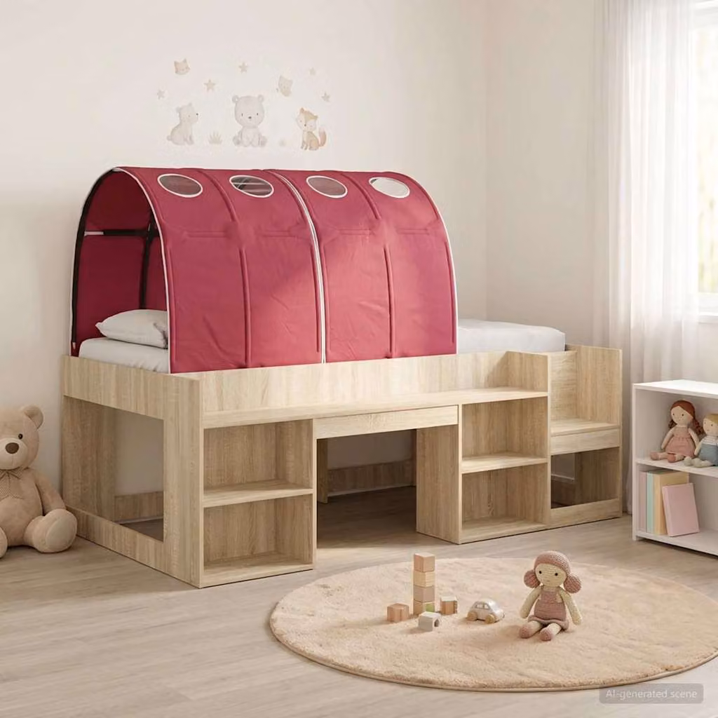 Letto singolo per bambini vidaXL con tunnel a casetta e scaffale, Rovere e Rosso, L/P/H: 200 x 100 x 127 cm
