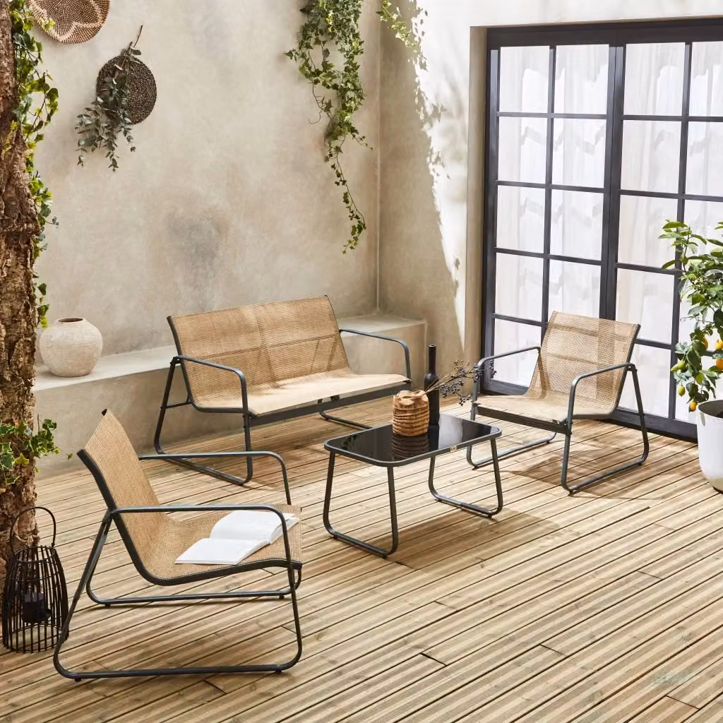 Set salotto da giardino Sweeek moderno in acciaio antracite con sedute in textilene e cuscini inclusi, composto da divano 2 posti, poltrone e tavolino da caffè – 2