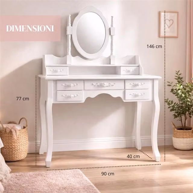 Toeletta da trucco con specchio e sgabello Bianca di MA MAISON in legno bianco L/P/H: 90 x 40 x 77/146 cm
