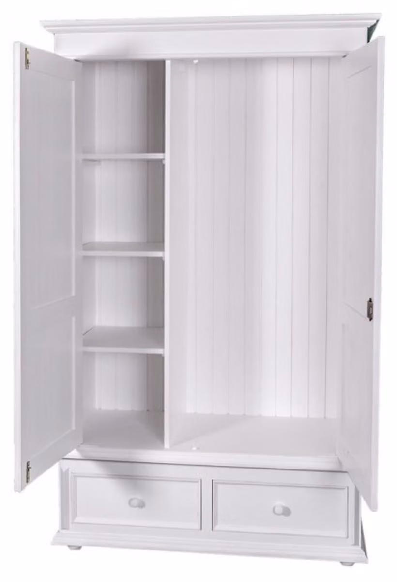 Armadio in stile rustico "Casa Padrino", colore bianco - Armadio robusto in legno di pino, altezza 206 cm, larghezza 127 cm, profondità 61 cm