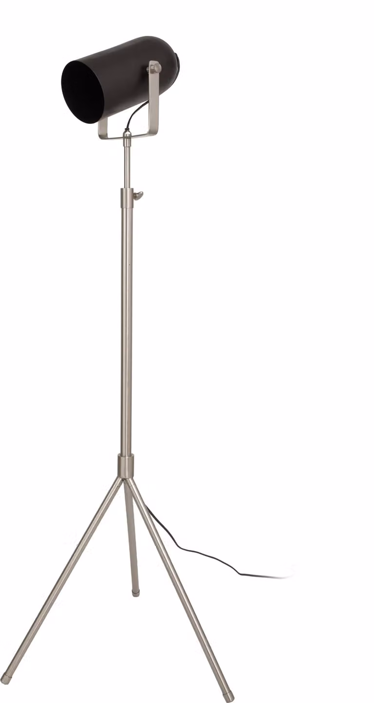 Lampada da terra Padiro, dimensioni 27 x 53 x 133-163 cm, colore nero e argento, realizzata in acciaio, con treppiede regolabile in altezza