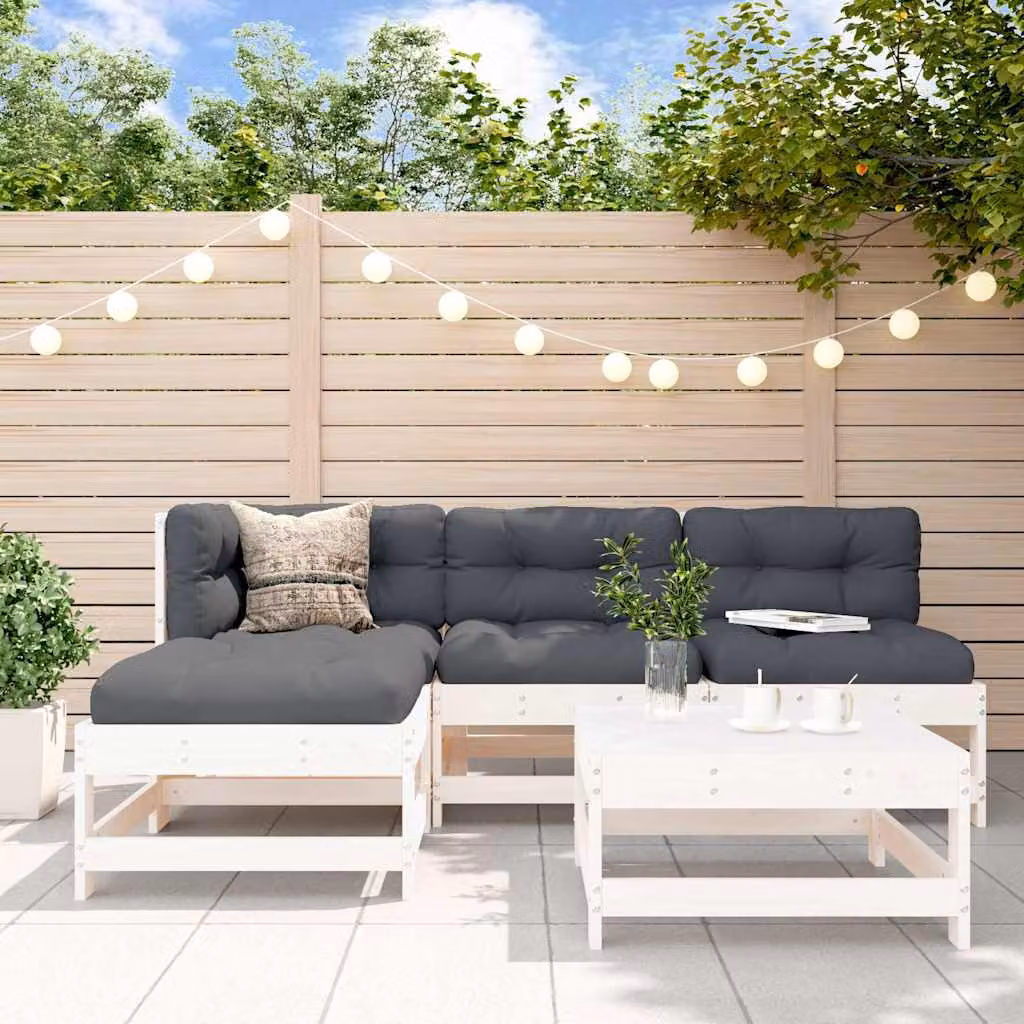 vidaXL Set Salotto da Giardino 5 pz a L in Legno di Pino Bianco con Cuscini