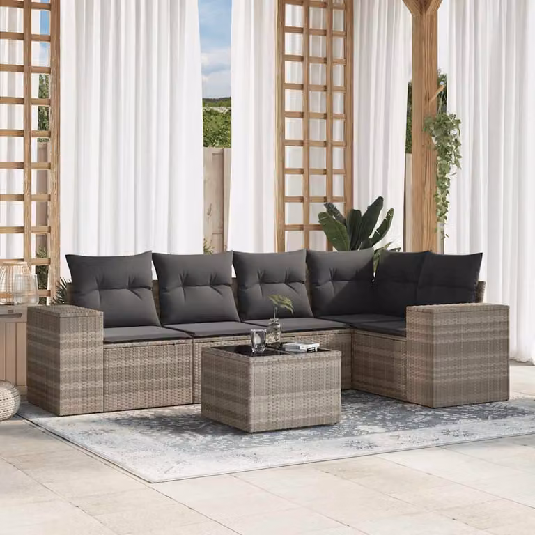 vidaXL Set Divano da Giardino a L con Cuscini Grigio Chiaro e Tavolino in Vetro, 6 Pezzi