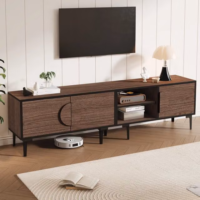 Mobile porta TV OKWISH per soggiorno con 3 ante e 2 vani aperti, finitura nero e noce scuro, L: 180 cm, P: 35 cm, H: 49 cm – 1