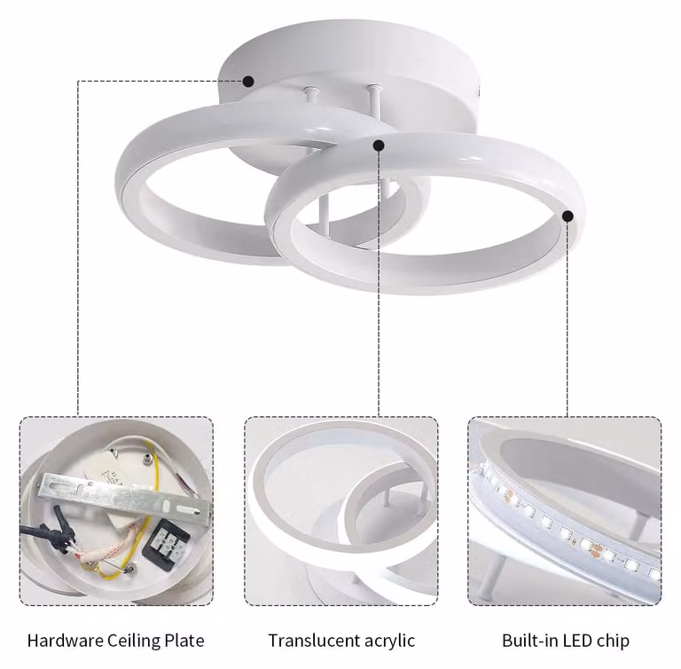 Lampada a soffitto a LED - Plafoniera con doppio anello - 22 W - Luce bianca fredda - Bianco - Non dimmerabile - 220 V