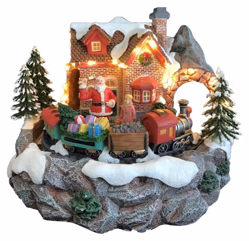 Carillon Natalizio Casa di Babbo Natale 24x23x18 cm in Resina con Luci Suoni e Movimento