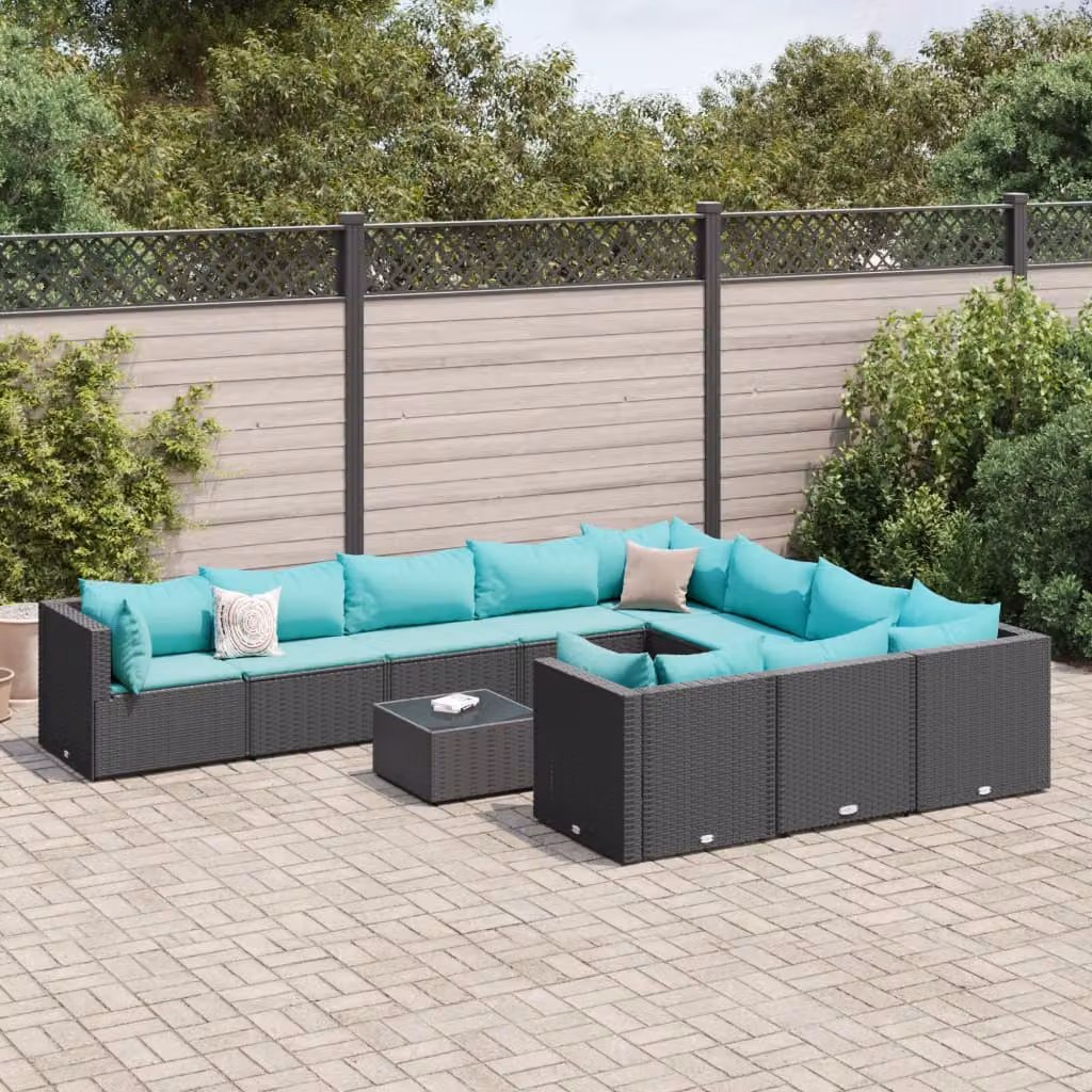 Set Divani da Giardino vidaXL 11 Pezzi a Forma di U con Cuscini e Tavolino, Struttura in Metallo e Polyrattan Nero
