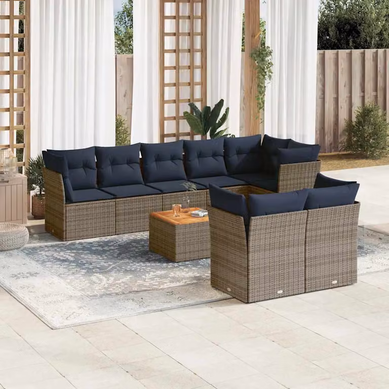 vidaXL Set Divani da Giardino a Forma di U in Polyrattan con Cuscini e Tavolino da Esterno, 9 Pezzi, Grigio e Blu