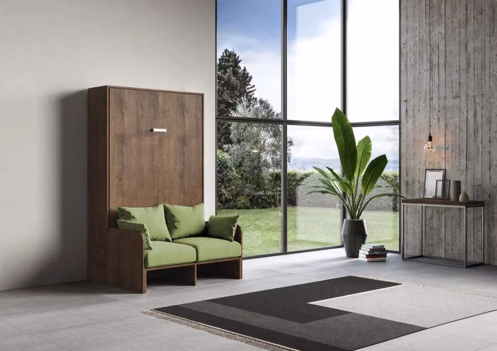 Letto a scomparsa una piazza e mezzo Kentaro Giordanoshop con divano in tessuto verde e legno noce L/P/H: 215 x 120 x 133,6 cm – 2