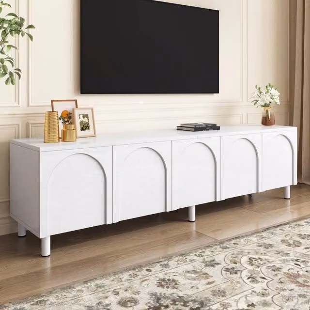 Mobile TV moderno SINGULARTY con 5 ante e gambe in metallo, bianco, L: 180 cm, P: 38 cm, H: 45 cm