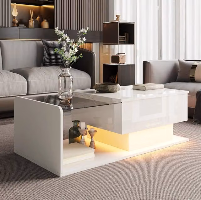 Tavolino da caffè 100x50x33/47.5 cm; altezza regolabile con luce LED e spazio contenitivo; truciolare e vetro temperato bianco