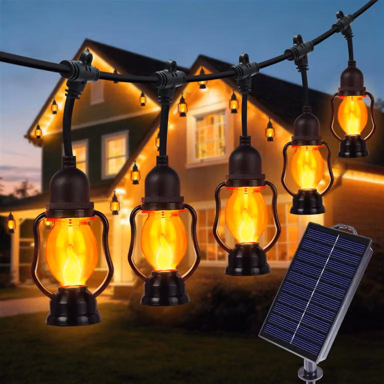 Catena luminosa solare, 6,5 metri, 10 lanterne in stile retrò, fiamma tremolante, grado di protezione IP44