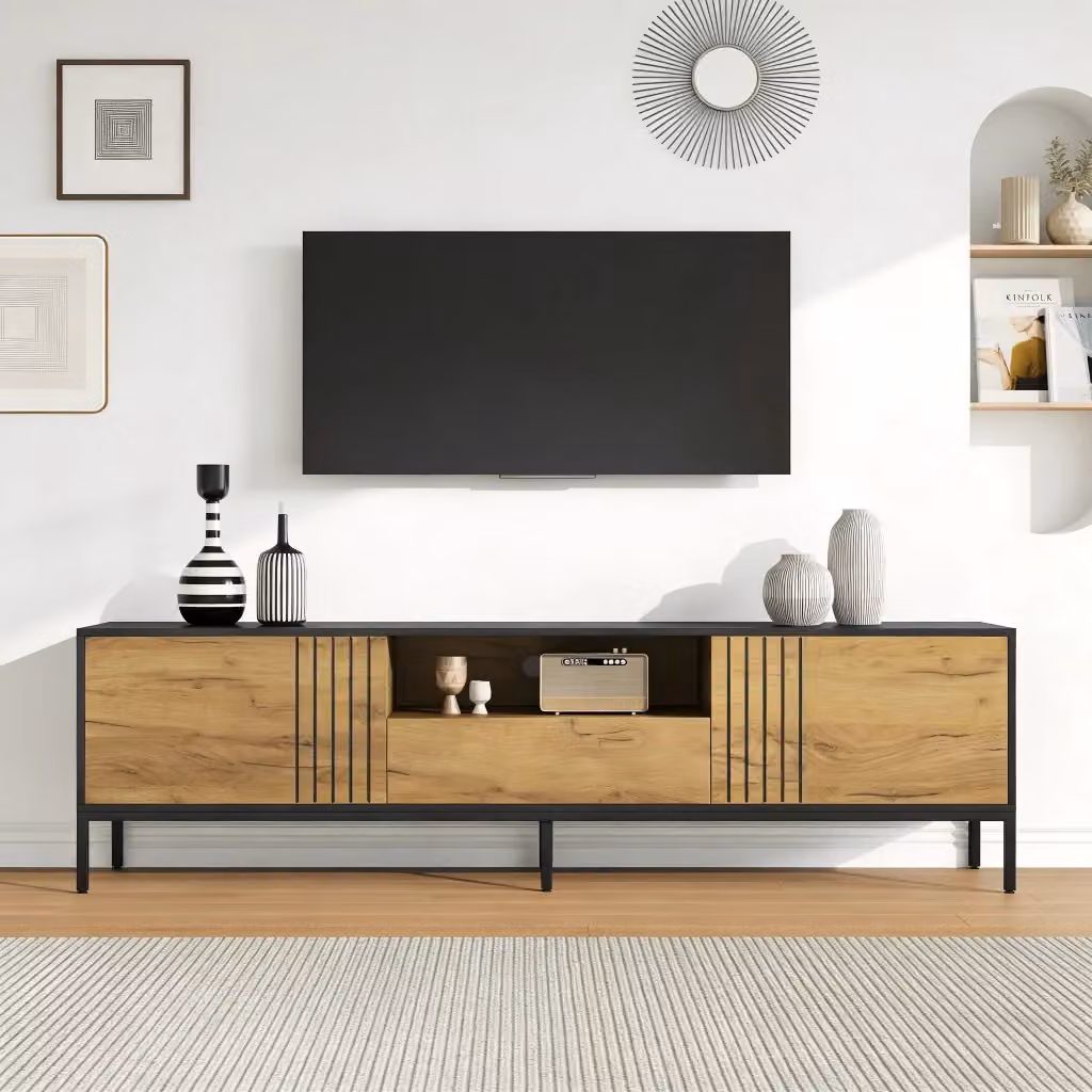 Mobile TV Lowboard MINIMAL in legno color rovere e nero con 2 ante e 1 cassetto, L: 170 cm, P: 35 cm, H: 50 cm – 2