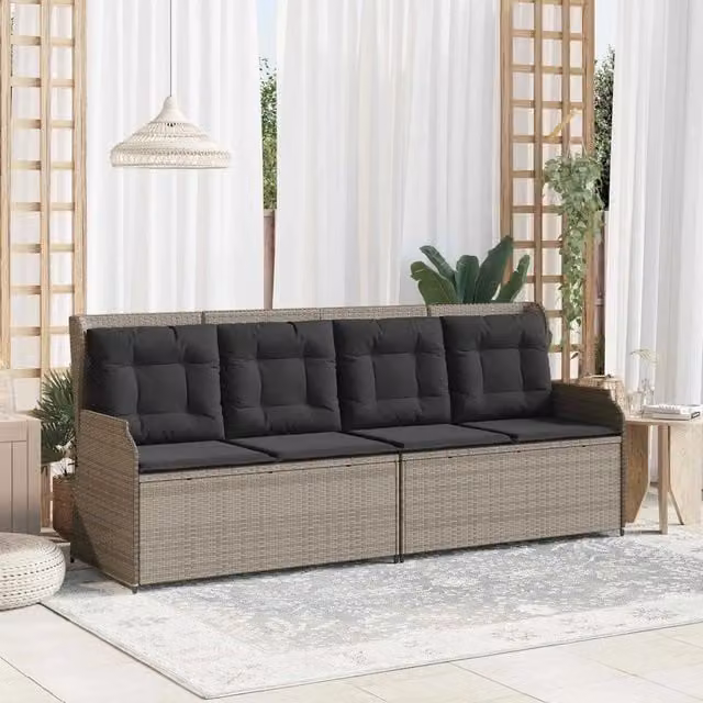 Panchina da giardino moderna vidaXL in rattan e metallo grigia L: 220 cm, H: 110 cm, P: 67 cm