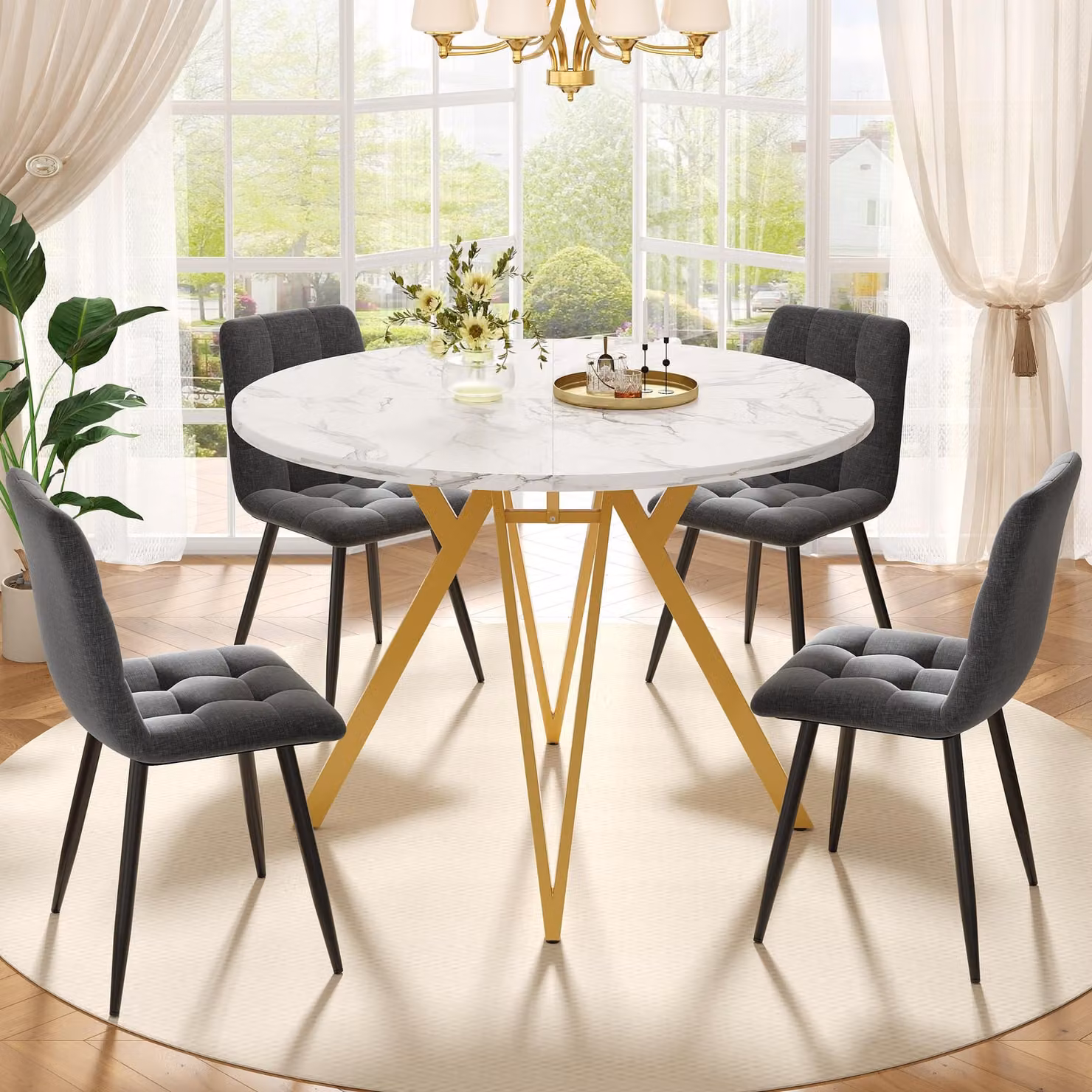 Set tavolo da pranzo Sweiko (5 pezzi), Set tavolo da pranzo con 4 sedie, Set tavolo da pranzo per cucina moderna, Tavolo da cucina rotondo con diametro di 100 cm e gambe in metallo dorato, Piano del tavolo in marmo MDF, Sedie da pranzo grigie