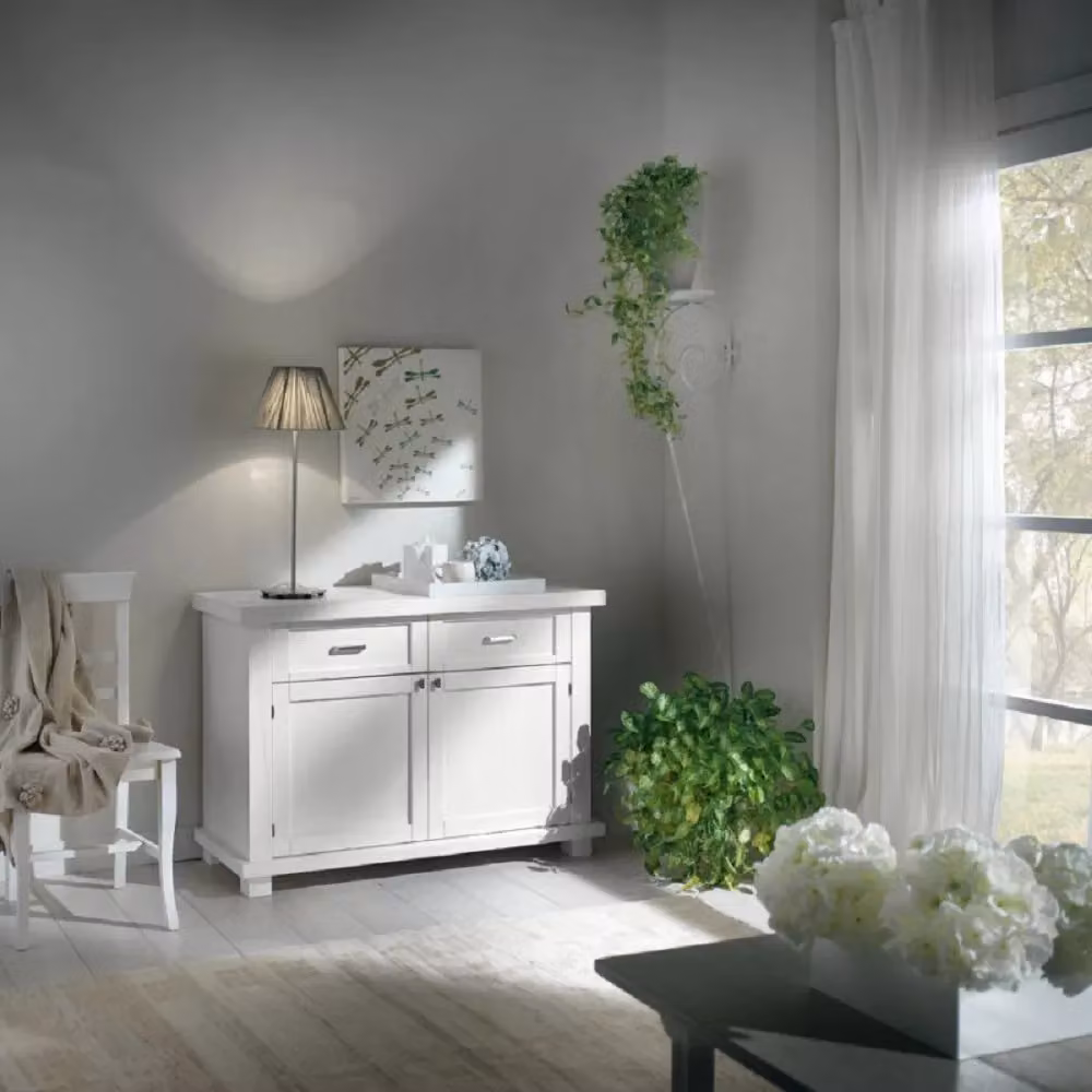 Madia credenza Mobili 2G in legno massello laccato bianco opaco con 2 ante, L: 120 cm, P: 45 cm, H: 83 cm – 1