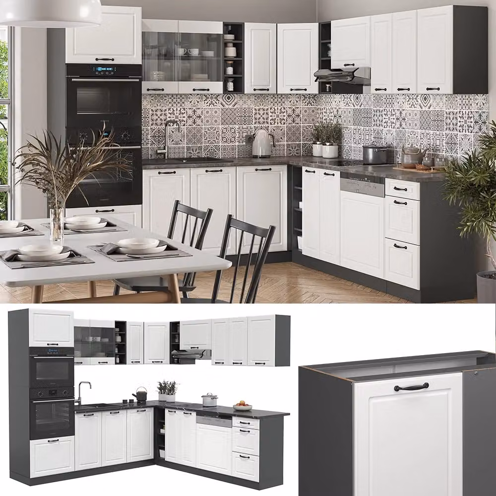 Cucina angolare completa R-Line Vicco Bianco rustico e Antracite con piano in marmo 247 x 237 cm – 2