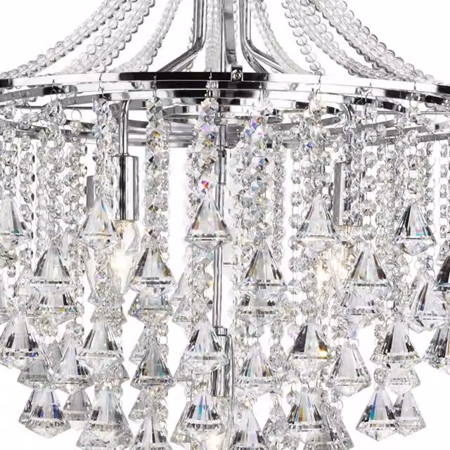 Lampadario Classico Dorchester SEARCHLIGHT in Acciaio Cromo e Cristallo Trasparente con 5 Luci E14 e Altezza Regolabile