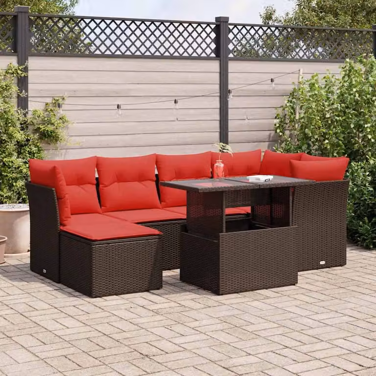 Set di divani da giardino vidaXL in polyrattan marrone con cuscini e tavolino da esterno a forma di U