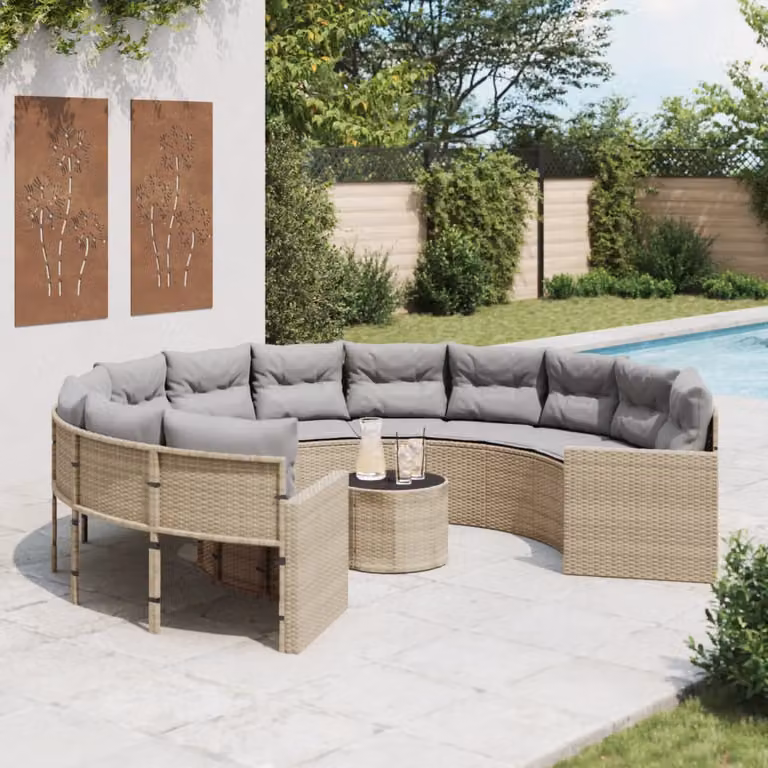 Set da giardino vidaXL a forma di U con tavolo da caffè e cuscini beige e grigi in rattan e metallo