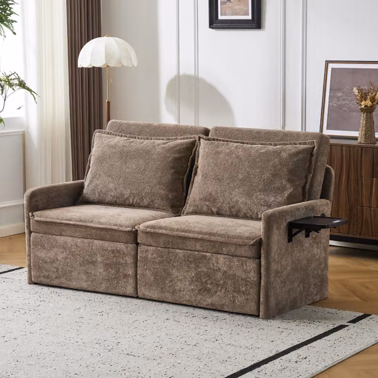 Divano letto con cuscini e porta USB, schienale regolabile in 5 posizioni, divano letto pieghevole con spazio contenitore, color marrone