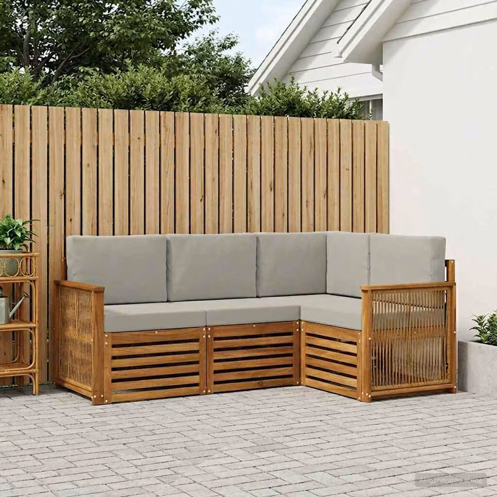Set di divani da esterno a L vidaXL in legno di acacia con cuscini in poliestere resistente ai raggi UV, colore marrone e grigio
