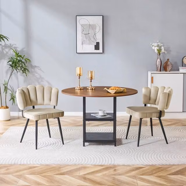 Set tavolo e sedie con tavolo rotondo e 2 sedie con schienale a fiore e ripiani aperti in MDF, metallo e tessuto noce, nero e marrone chiaro