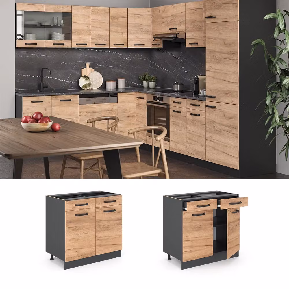 Mobiletto base per cucina Vicco R-Line in rovere e antracite con ante e cassetti, L: 80 cm – 2