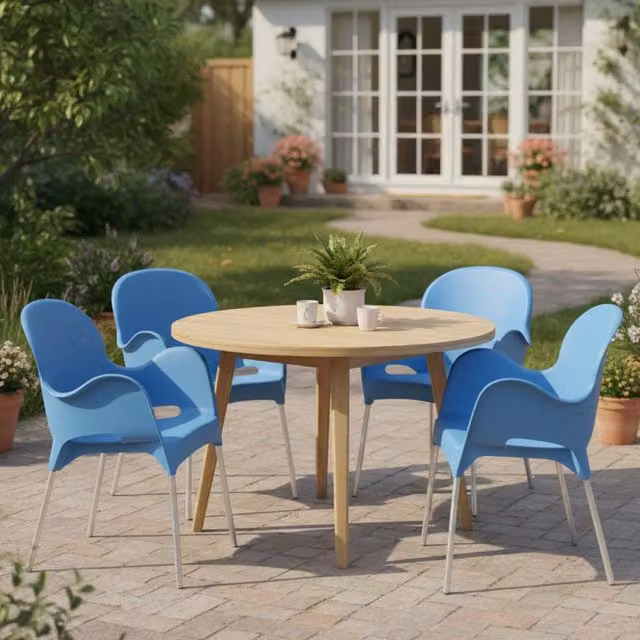 Set da esterno DMORA Raimund composto da 4 sedie impilabili in plastica blu opaco con braccioli – 1